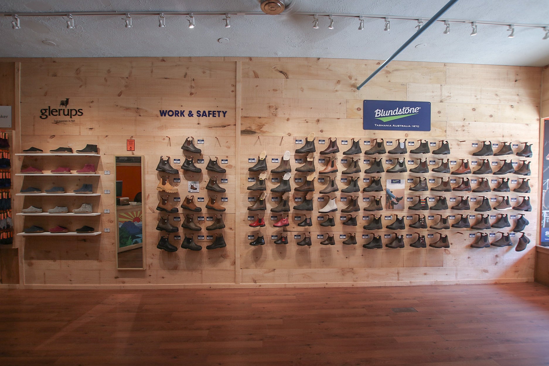 Inside Australian Boot Company store, view of blundstone boot wall