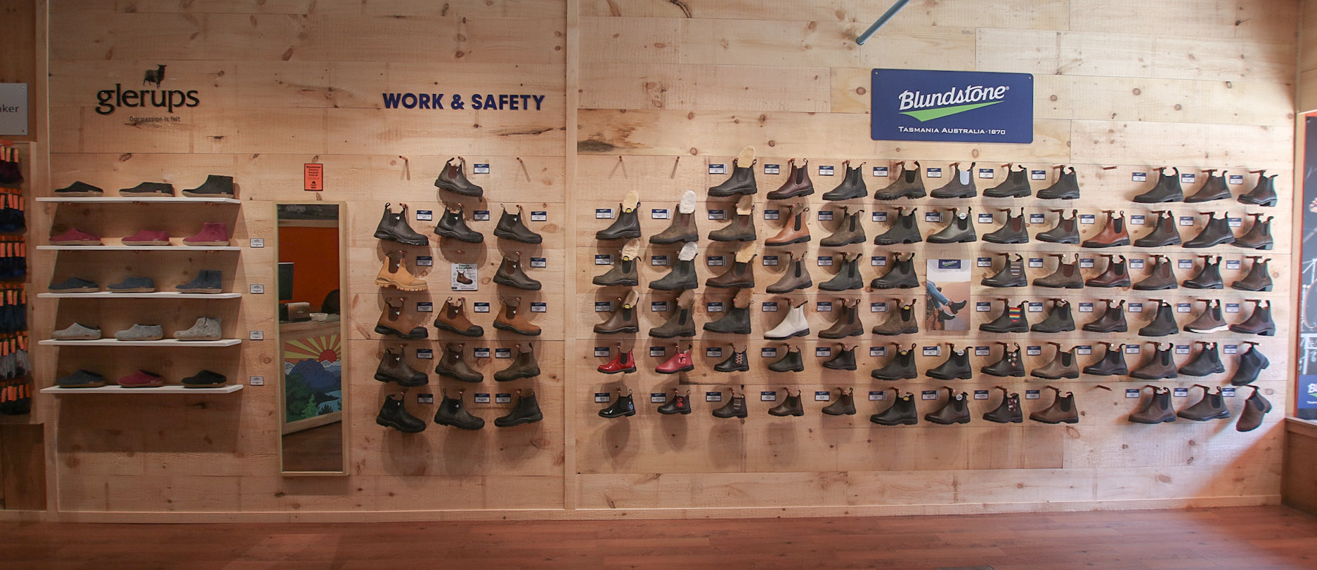 Inside Australian Boot Company store, view of blundstone boot wall