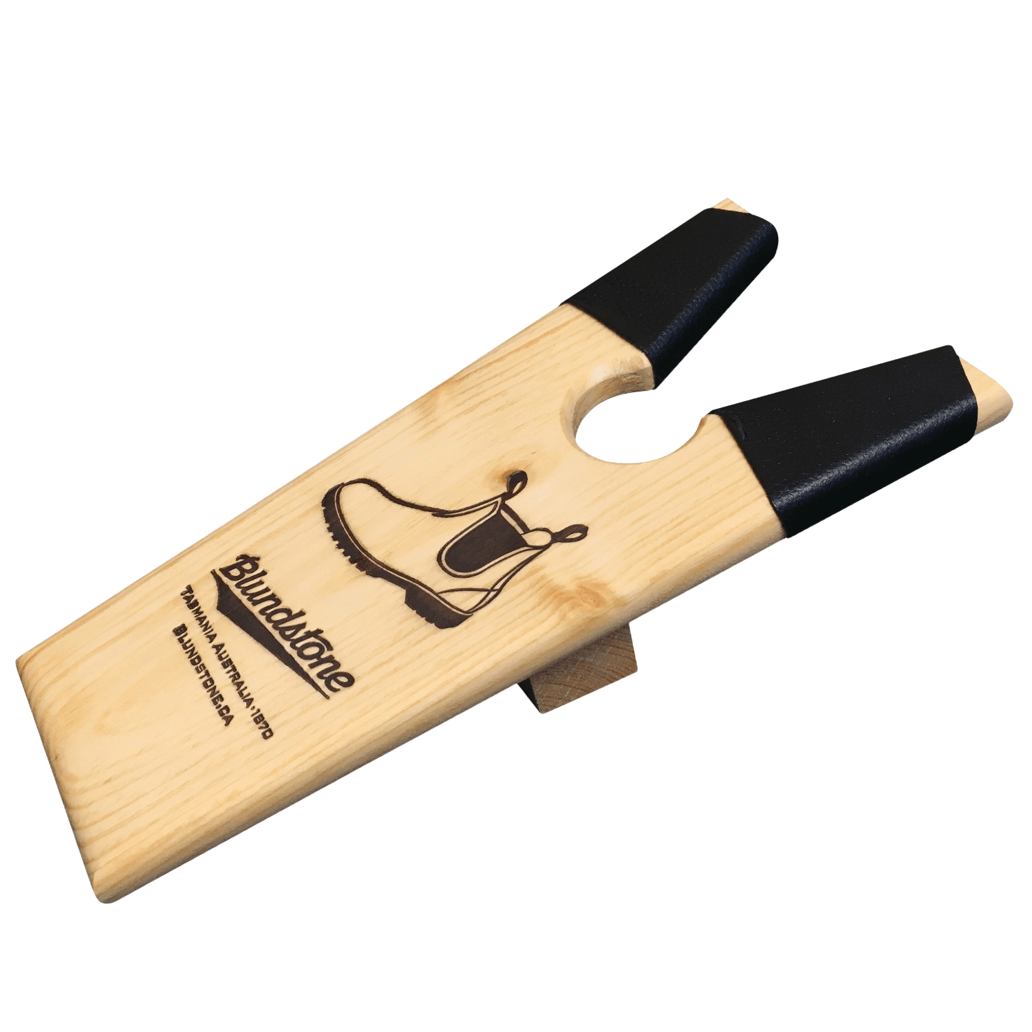 A wooden Blundstone boot jack with black accents, designed to aid in the removal of boots.
